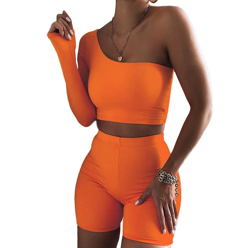 Kliou Solid Asymmetrical Two Piece Sets Women Tracksuit Crop Tops Elastic Bike Shorts Sporty Matching Suits Casual Female Outfit - amazitshop
