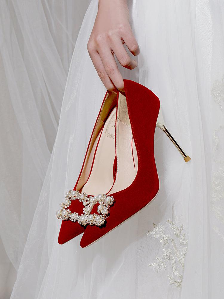 Pearl Rhinestone Single Shoes Stiletto Wedding Shoes - amazitshop