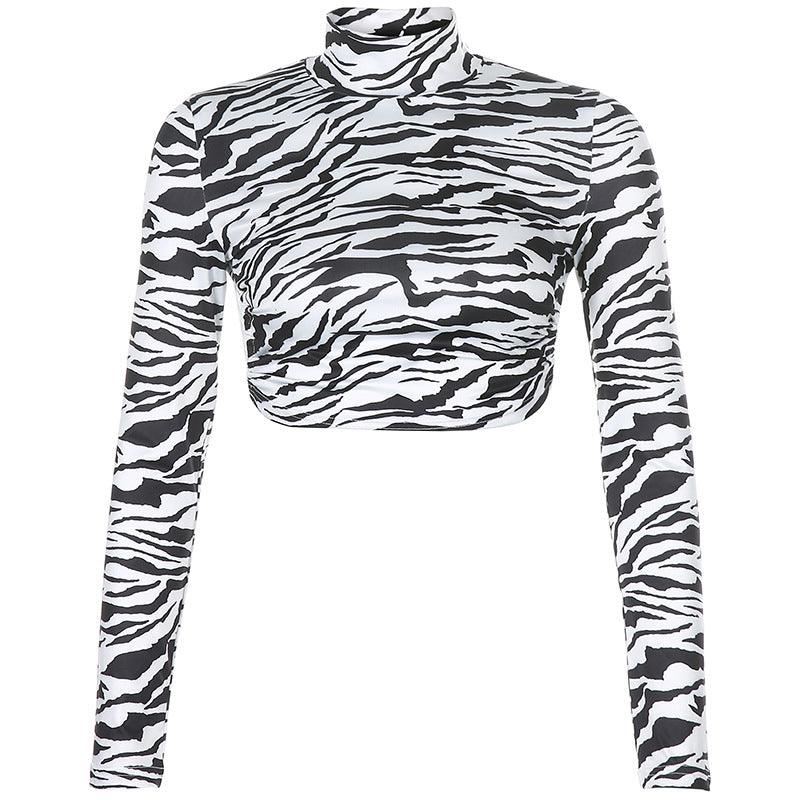 HEYounGIRL Animal Zebra Print Backless Cropped Tshirt Women Sexy Long Sleeve T-shirt Ladies Fashion Crop Tops Tees Streetwear - amazitshop
