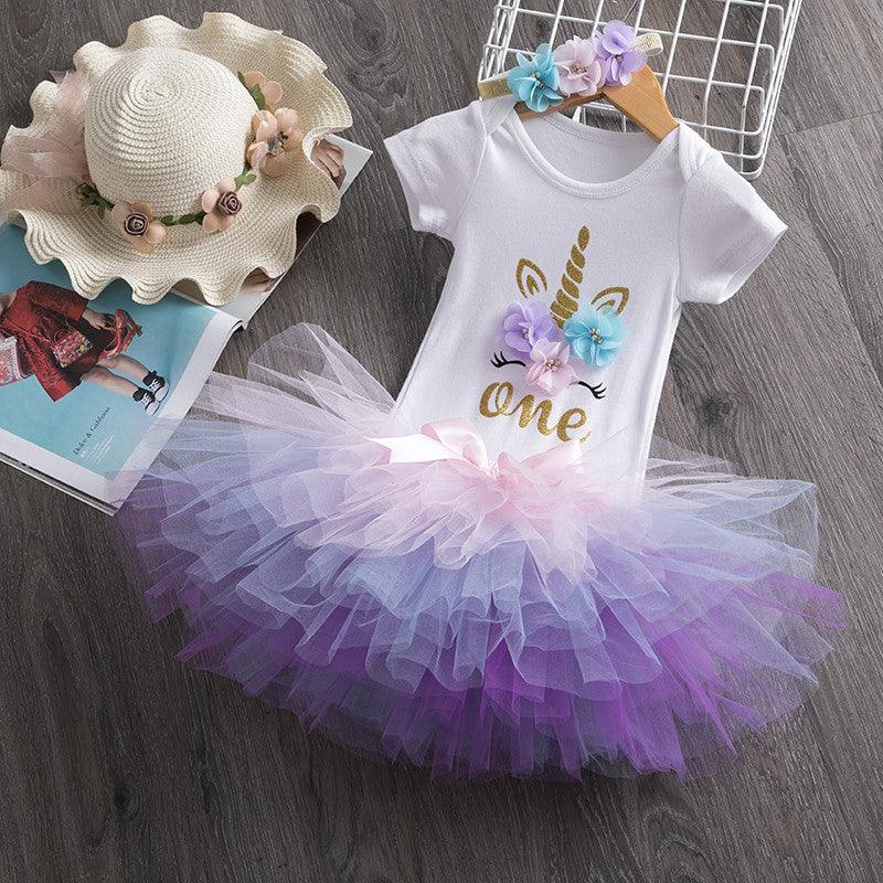 Girls' Birthday Dress Short SLeeved Top And Color Skirt And Accessories Three-piece Children's Wear - amazitshop