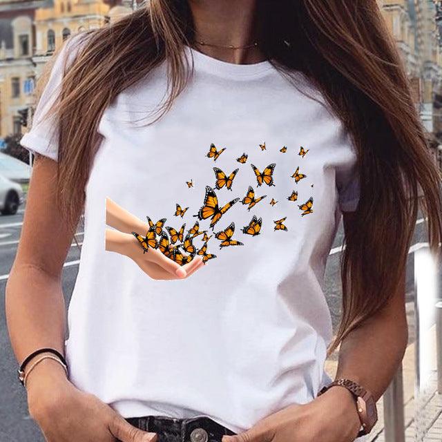 Women'S Butterfly Graphic Printed T-Shirt Short Sleeve Large Size Loose Fashion Top - amazitshop