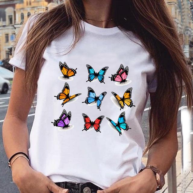Women'S Butterfly Graphic Printed T-Shirt Short Sleeve Large Size Loose Fashion Top - amazitshop