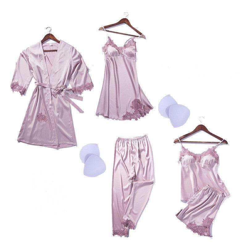 Imitation Silk Pajamas With Chest Pad Hanging Skirt Flower Nightgown Embroidery Short Hanging Nine-Point Trousers Six-Piece Suit - amazitshop