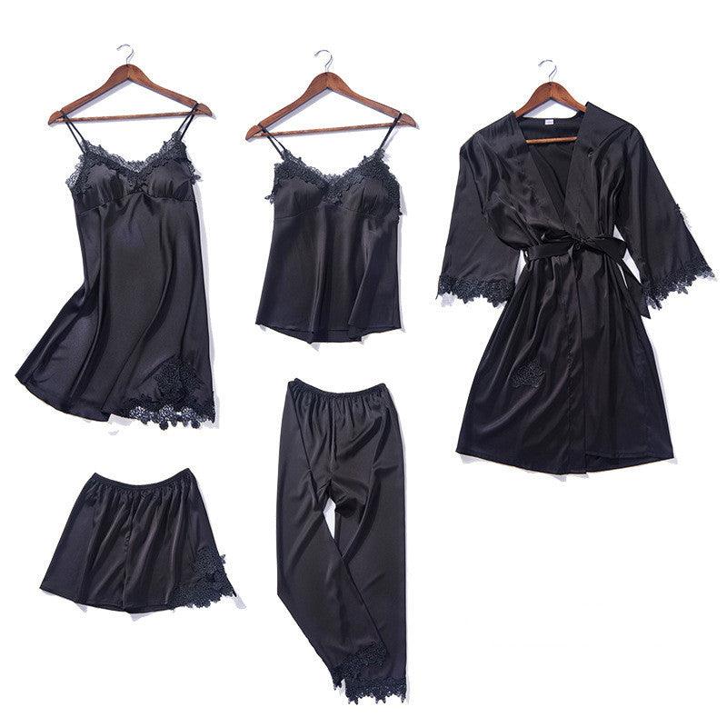 Imitation Silk Pajamas With Chest Pad Hanging Skirt Flower Nightgown Embroidery Short Hanging Nine-Point Trousers Six-Piece Suit - amazitshop
