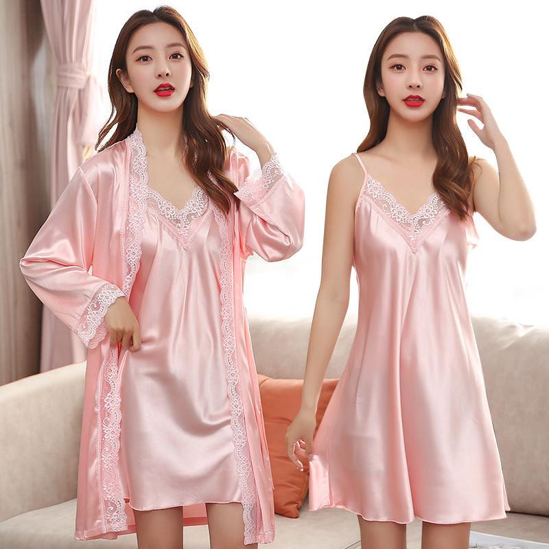 Spring And Autumn Ice Silk Sling Nightdress Nightgown Silk Pajamas Women Summer Short-Sleeved Two-Piece Suit Long-Sleeved Thin Section - amazitshop