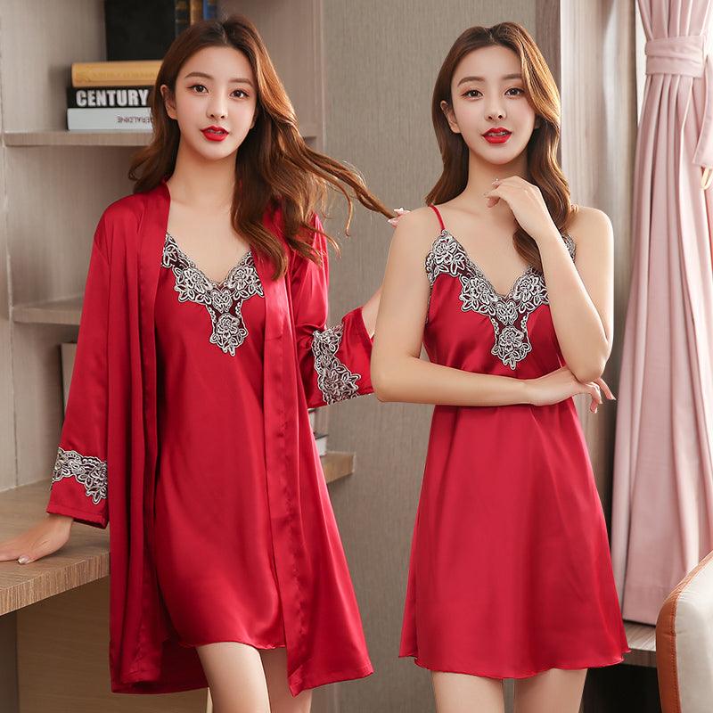 Spring And Autumn Ice Silk Sling Nightdress Nightgown Silk Pajamas Women Summer Short-Sleeved Two-Piece Suit Long-Sleeved Thin Section - amazitshop