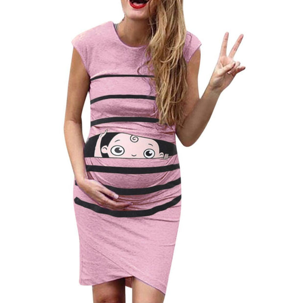New Round Neck Short-Sleeved Letter Printing Maternity Dress Irregular Pleated Dress - amazitshop