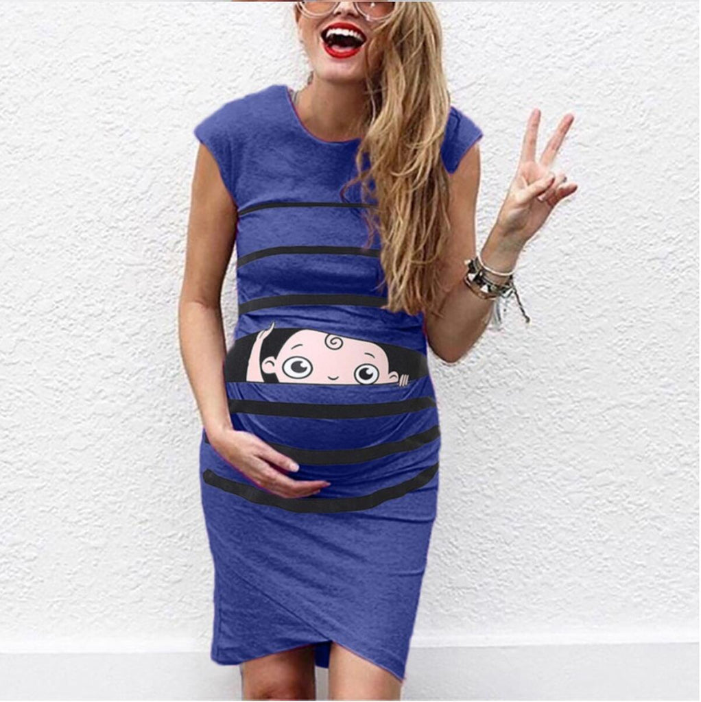 New Round Neck Short-Sleeved Letter Printing Maternity Dress Irregular Pleated Dress - amazitshop