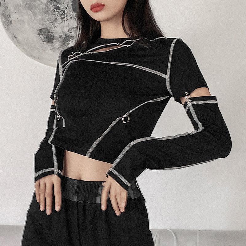 Striped Casual Pullover Hoodies Thurm Hole Croped Chic Sweatshirt Korean Style Streetwear Fall Basic Clothing Kpop For Women - amazitshop
