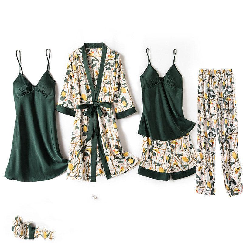 New Women Kimono Bathrobe Gown Satin Print Flower Sleepwear Homewear - amazitshop