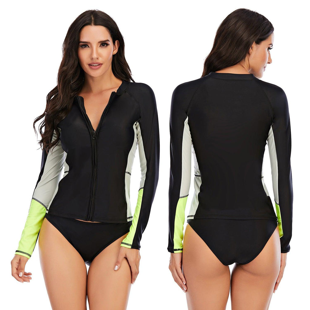 Swimsuit Long-Sleeve Tankini-Set Rash-Guard Surfing Sun-Protection Zipper Two-Piece Womens - amazitshop