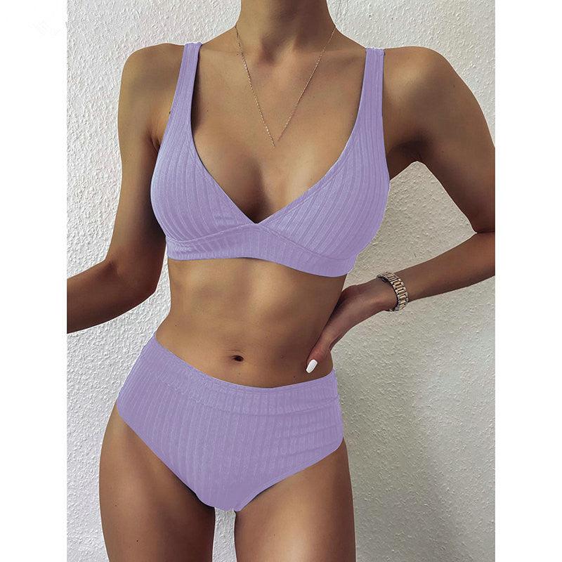 European And American Swimwear Women'S Ribbed High-Waisted V-Neck Striped Sports Solid Color Bikini Suit - amazitshop