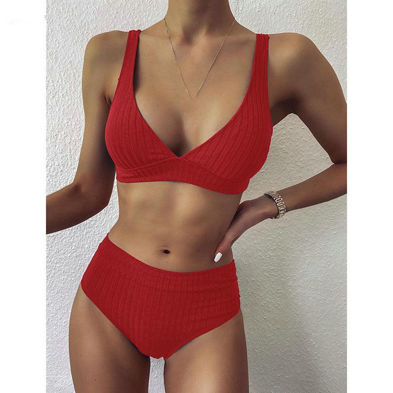 European And American Swimwear Women'S Ribbed High-Waisted V-Neck Striped Sports Solid Color Bikini Suit - amazitshop