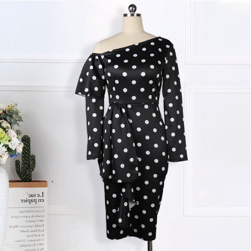 Sexy One-shoulder Long-sleeved Polka-dot High-waisted Slim-fit Large Size Package Hip And Ruffled Dress For Women - amazitshop