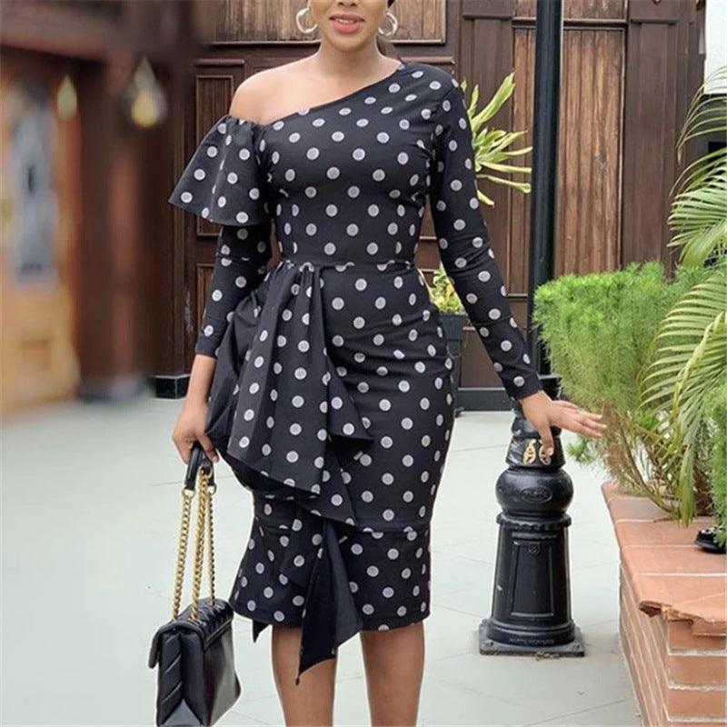 Sexy One-shoulder Long-sleeved Polka-dot High-waisted Slim-fit Large Size Package Hip And Ruffled Dress For Women - amazitshop