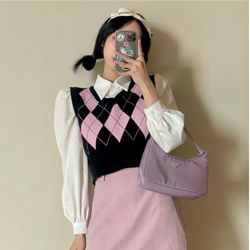 Lingge V-Neck Vest Sweater Vest Women - amazitshop