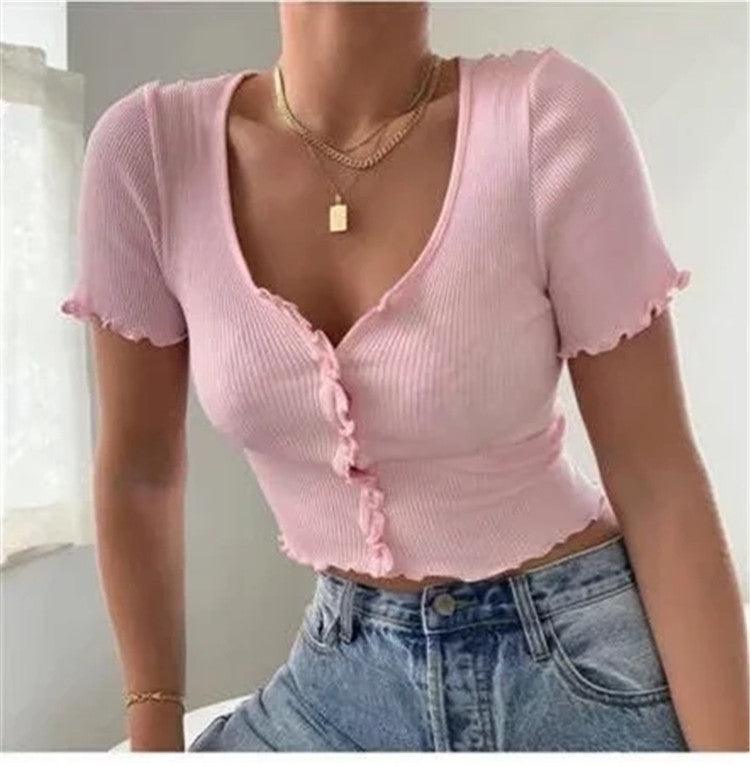 V Neck Ruffles Short Sleeve T Shirt Women Summer Casual Button Crop Top Basic Blue T Shirt Tops - amazitshop