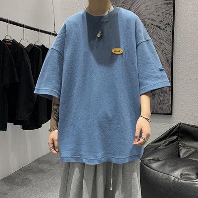 Japanese Casual Men\'s 5-sleeve T-shirt Men\'s Loose Fashion Brand Round Neck Street Waffle Half Sleeve T-shirt Men\'s Wear - amazitshop