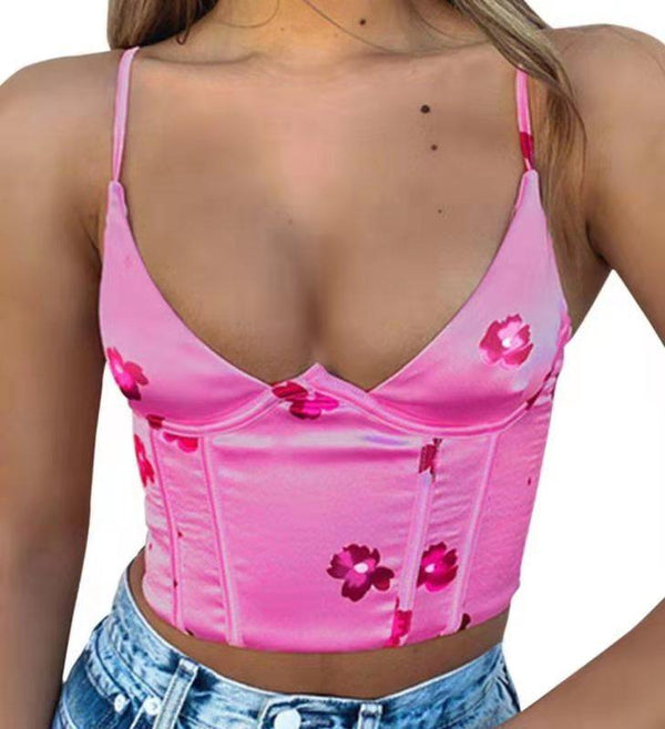 Neck Floral Tanks Camis Sexy Bustier Summer Tube Crop Tops Festival Outfit - amazitshop