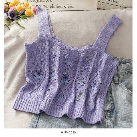 Flower Embroidery Knitted Crop Tops Camis Strappy Tanks Cute - amazitshop