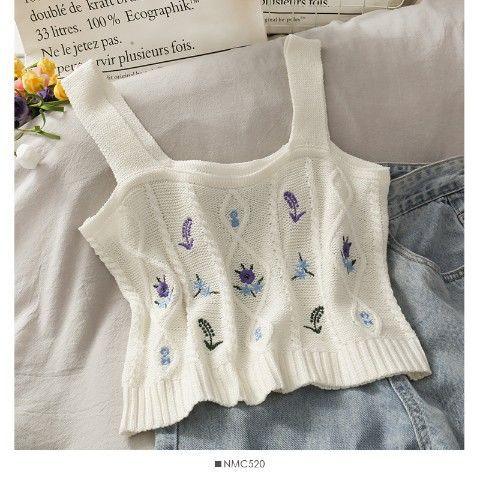 Flower Embroidery Knitted Crop Tops Camis Strappy Tanks Cute - amazitshop