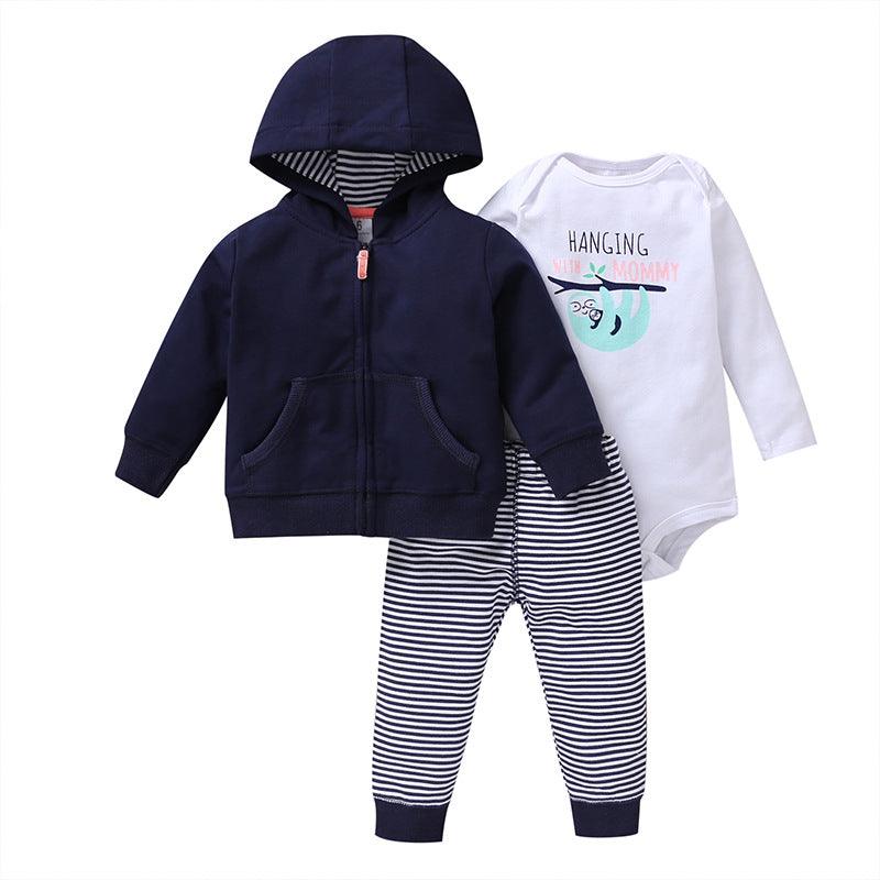 Spring And Autumn Leisure Baby And Toddler Children's Suit Striped Cartoon Trousers Long Sleeve Hooded Three-piece Children's Wear - amazitshop