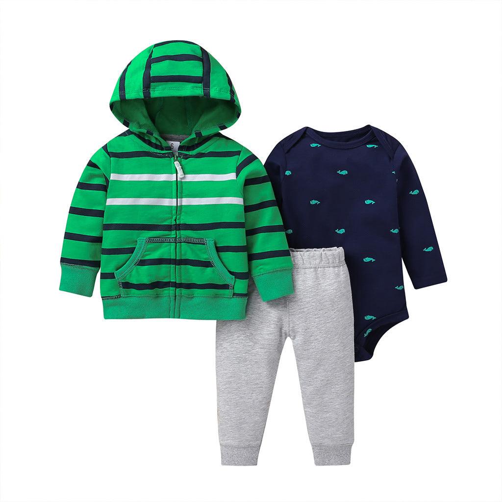 Spring And Autumn Leisure Baby And Toddler Children's Suit Striped Cartoon Trousers Long Sleeve Hooded Three-piece Children's Wear - amazitshop