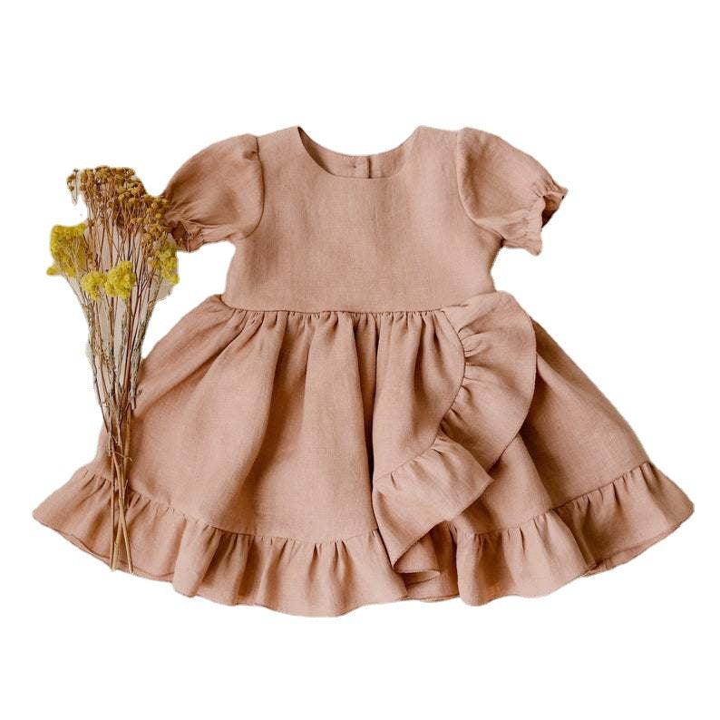 Girls' Dresses, Princess Dresses, Cotton And Linen Short-sleeved Ruffles - amazitshop