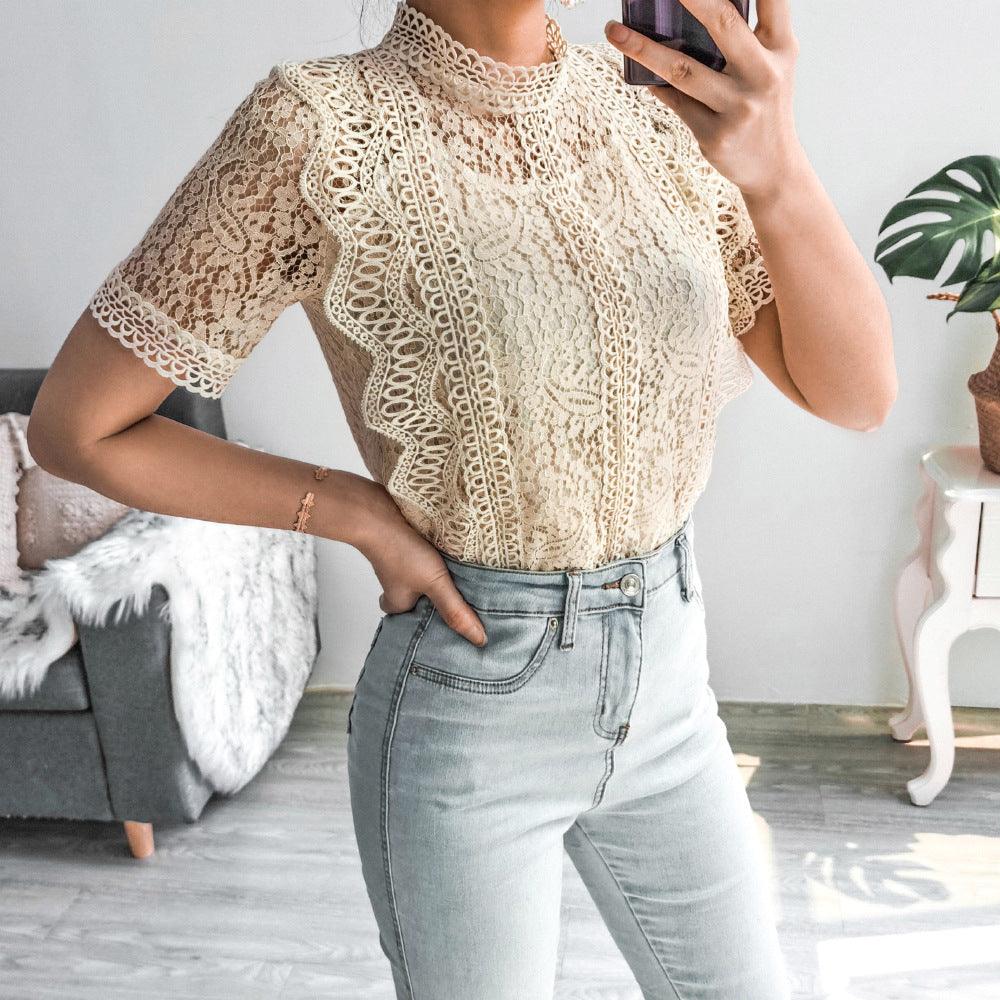 Crochet Lace Short-sleeved Casual Top - amazitshop