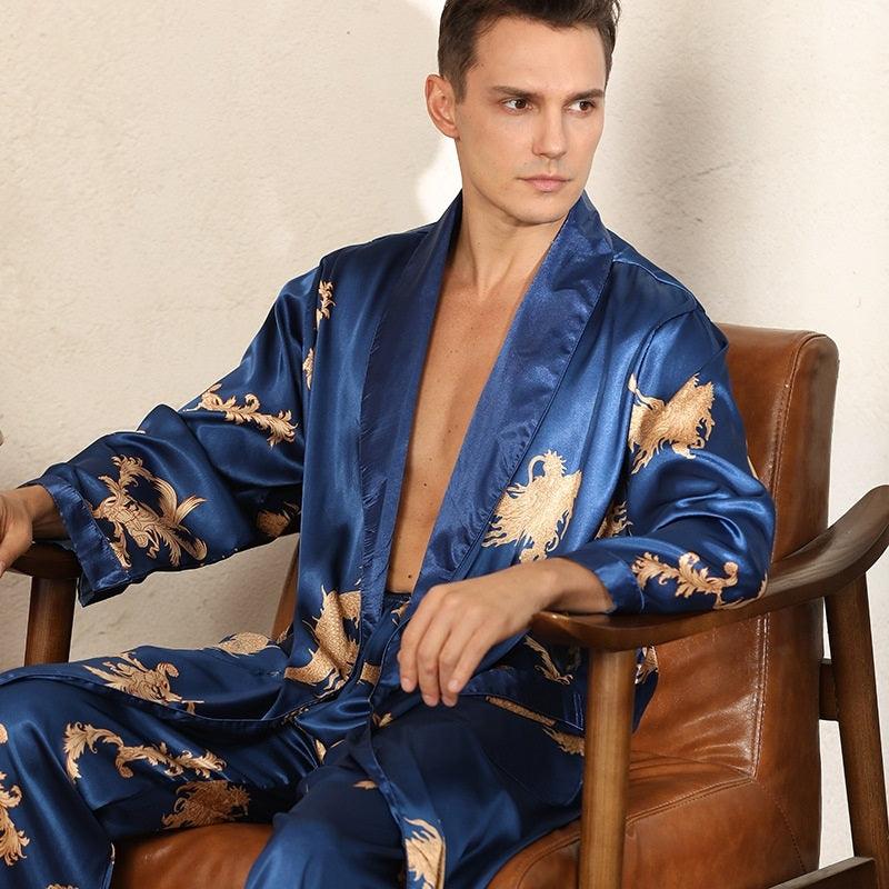 Luxury Silk Robe Pants Pajama Set Two-piece Imitate Silk Long-sleeved Pajamas Large Size Bathrobes Robe Sets For Men Clothing - amazitshop