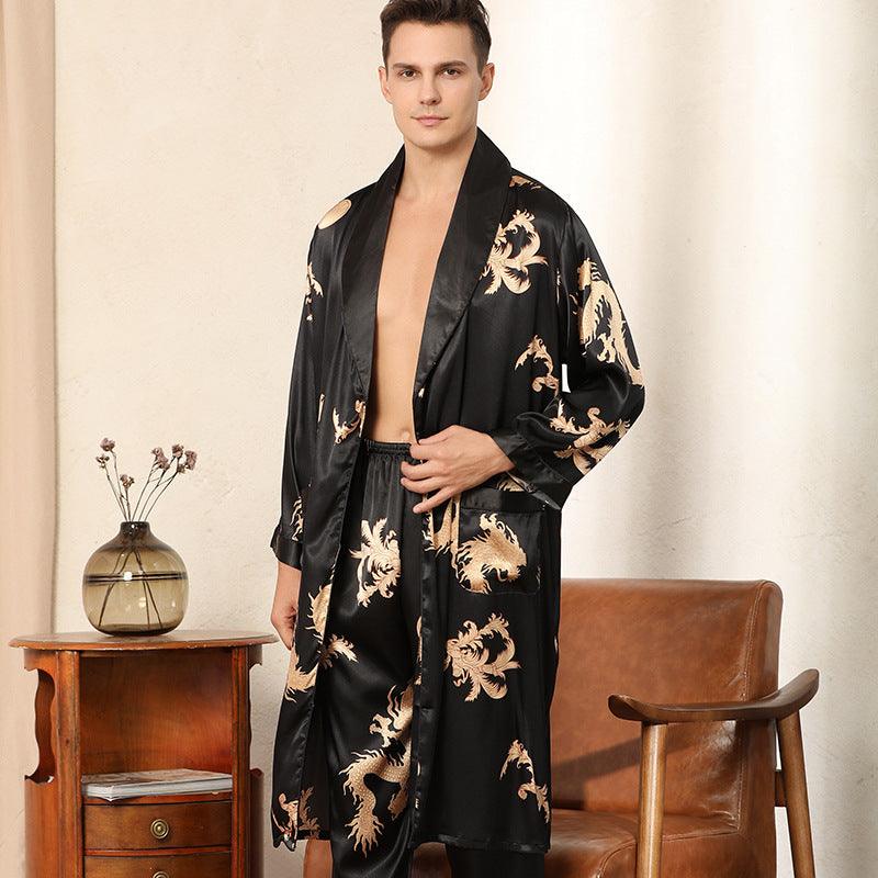 Luxury Silk Robe Pants Pajama Set Two-piece Imitate Silk Long-sleeved Pajamas Large Size Bathrobes Robe Sets For Men Clothing - amazitshop