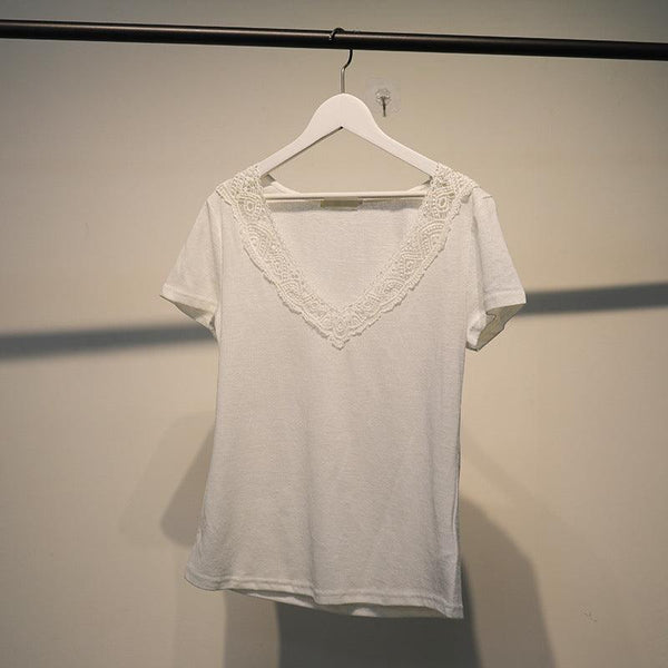 Jastie Short Sleeve T-shirt Embroidery Lace V Neck Tees - amazitshop