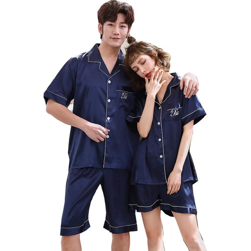 Ice Silk Couple Pajamas Short-sleeved Men And Women V-neck Cardigan Simulation Silk Home Service - amazitshop