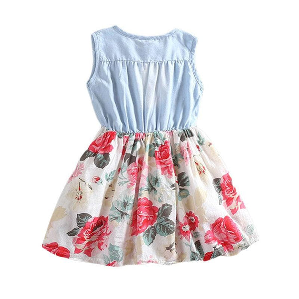 Summer Children Sleeveless Girl Denim Floral Dresses - amazitshop