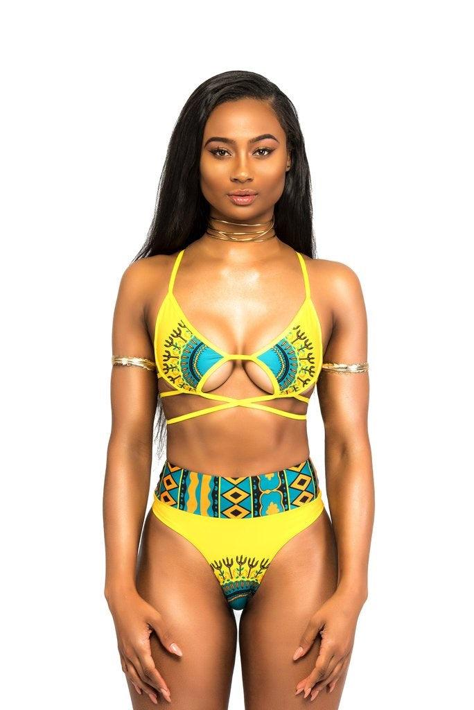 African Print Two-Pieces Bath Suits Bikini Set Sexy Geometric Swimwear Swimsuit Golden High Waist Swimming Suit - amazitshop
