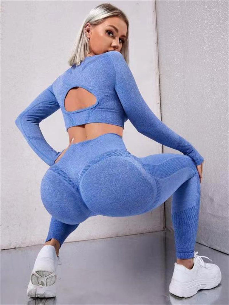 2pcs Sports Suits Long Sleeve Hollow Design Tops And Butt Lifting High Waist Seamless Fitness Leggings Sports Gym Sportswear Outfits Clothing - amazitshop