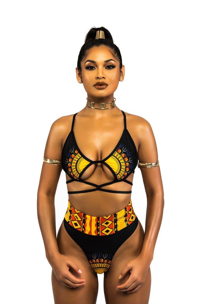 African Print Two-Pieces Bath Suits Bikini Set Sexy Geometric Swimwear Swimsuit Golden High Waist Swimming Suit - amazitshop
