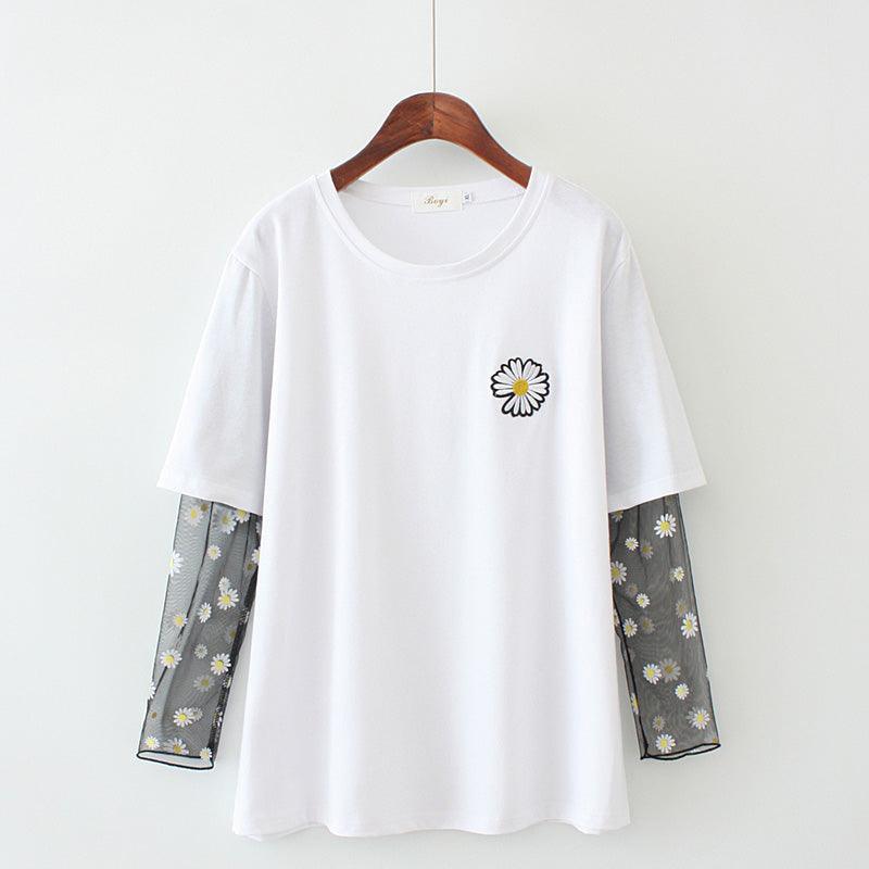 Embroidered mesh stitching top T-shirt - amazitshop