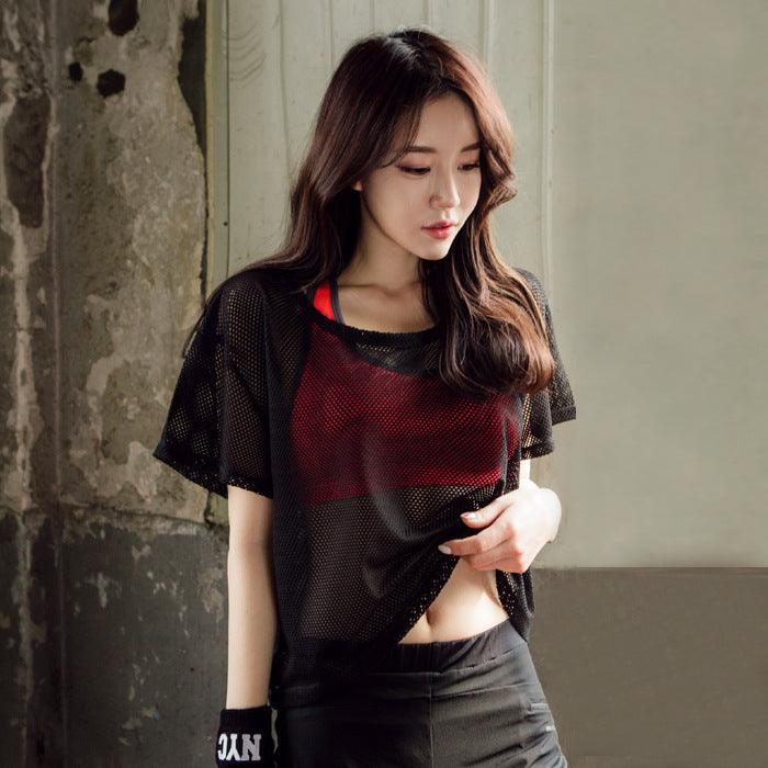 Women Yoga Shirt Hollow Out Mesh Blouse Crop Tops Sports Running Tshirt Breathable Fitness Tops Gym Clothing for Women - amazitshop