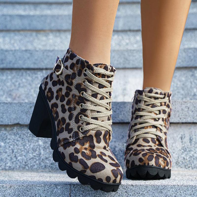 Fashoin Leopard Print Ankle Boots Winter Square Heel Suede Lace-up Zip Boots Women Casual Versatile Shoes Autumn And Winter - amazitshop