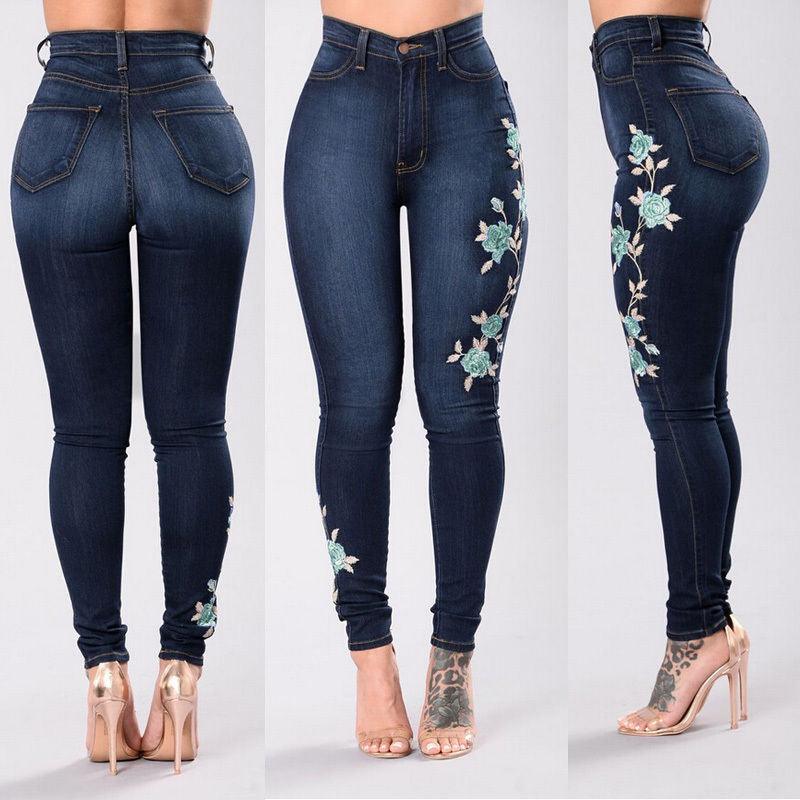 Women's denim pants embroidered jeans trousers - amazitshop