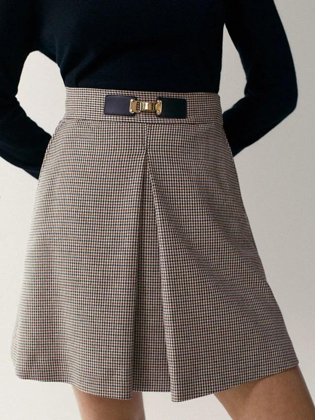 Autumn Winter A Line Houndstooth Skirt Women High Waist Office Skirts Vintage Plaid Mini Skirt - amazitshop