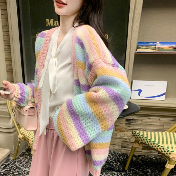 Rainbow Striped Knitted Cardigan For Women Loose Sweater Coat - amazitshop