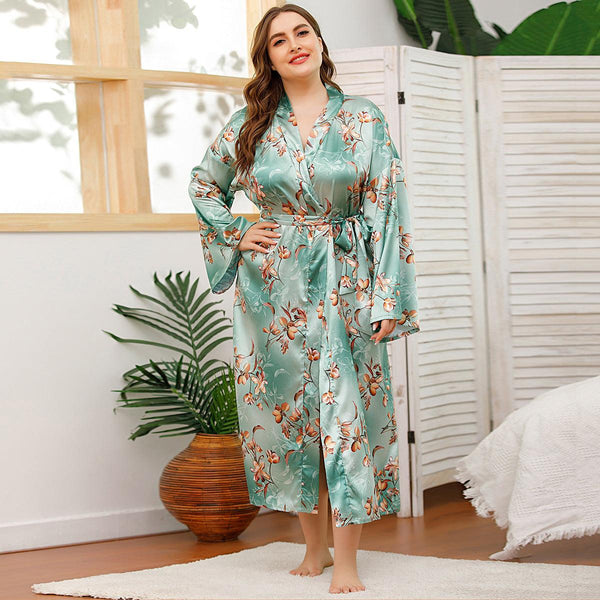 Long Robes For Women Flower Print Bathrobe V-neck Silk Sleepwear - amazitshop