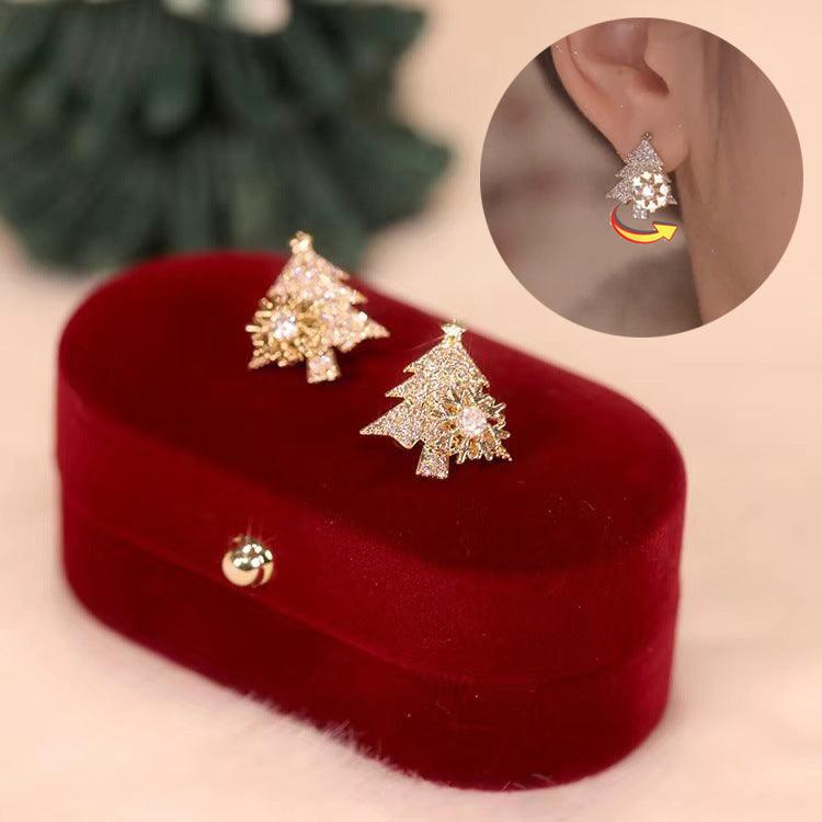 Rotatable Christmas Tree Earrings Shiny Rhinestone Snowflake Stud Earring New Year Xmas Festival Ear Jewelry Gifts Autumn And Winter - amazitshop