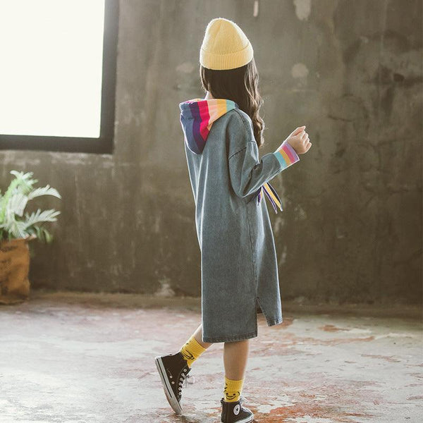 Girls T-Shirt Solid Color Rainbow Denim Long Sleeve Dress - amazitshop