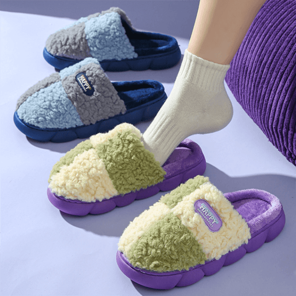 Color-matching Home Slippers Winter EVA Thick-soled Warm Plush Cotton Slippers Women Men Indoor Anti Slip House Shoes - amazitshop