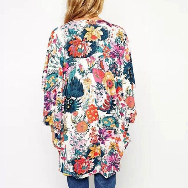 Bat Sleeve Chiffon Flower Kimono Sun Protection Suit - amazitshop