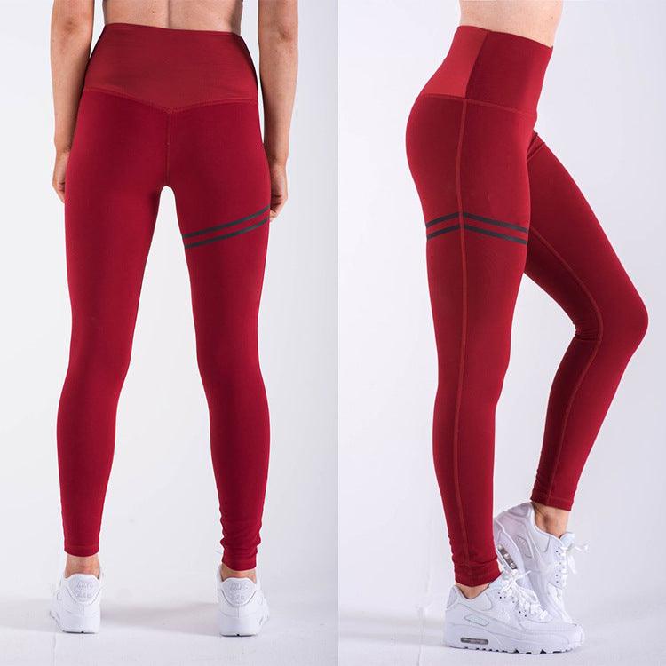 High waist solid color cross-border striped stretch yoga pants fitness bottoming nine points trousers - amazitshop