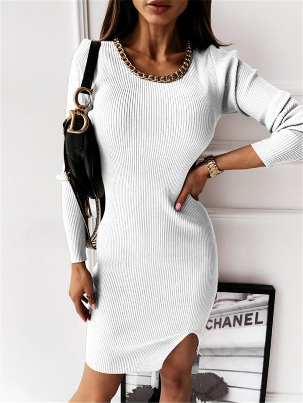 Women's Fashion Simple Round Neck Chain Decoration Long Sleeve Dress - amazitshop